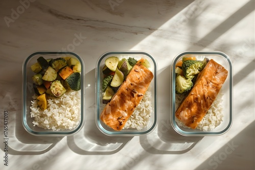 Healthy Meal Prep Containers Flat Lay on Kitchen Counter