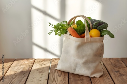 Reusable Grocery Bag with Fresh Vegetables on Rustic Table