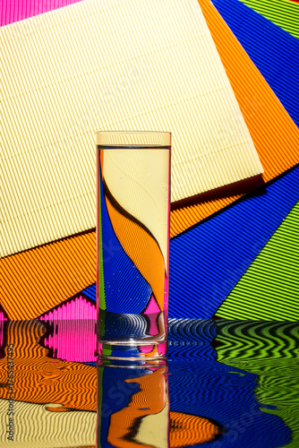 Photos Abstract still life with a glass of water on a color bright background