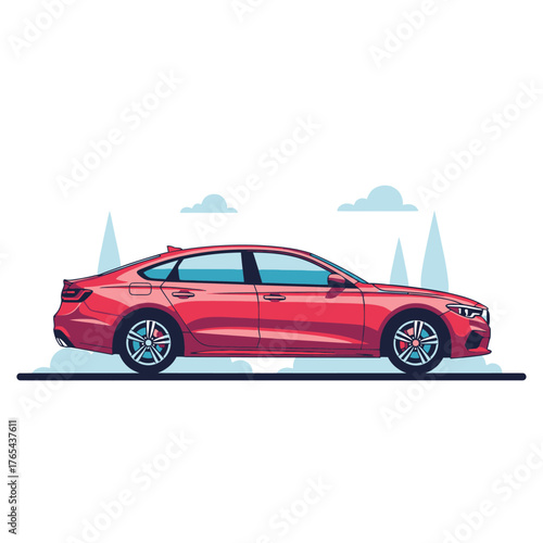 Sleek modern red sedan glides effortlessly through stylized urban landscape under a clear sky