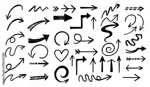 A versatile set of hand-drawn arrows in various styles and directions, perfect for creative design projects, presentations, infographics, and instructional materials