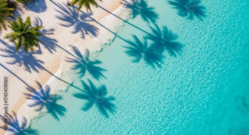Fototapeta Naklejka Na Ścianę i Meble -  Turquoise dream Palms casting shadows on white sand beach paradise.
