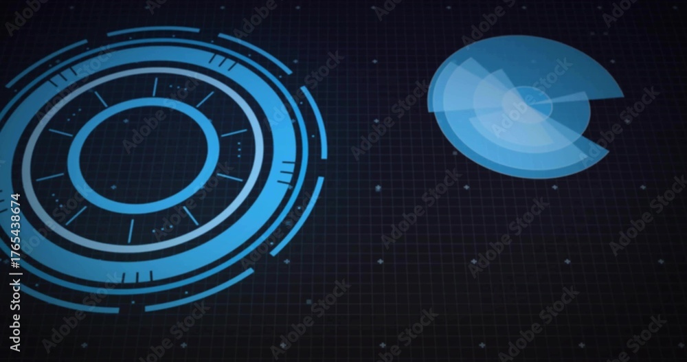 Fototapeta premium Showing large HUD graphic overlaying pixel-dotted grid, with smaller HUD element, copy space