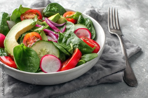Fresh salad bowl with spinach, avocado, tomatoes, cucumber, radish, and red onion