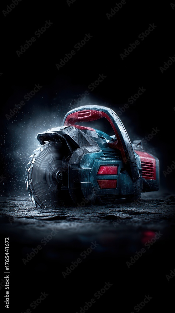 Fototapeta premium A detailed close up of an industrial chainsaw with red accents, illuminated by dramatic dark lighting, surrounded by glowing particles and sparkles on a rough textured ground.