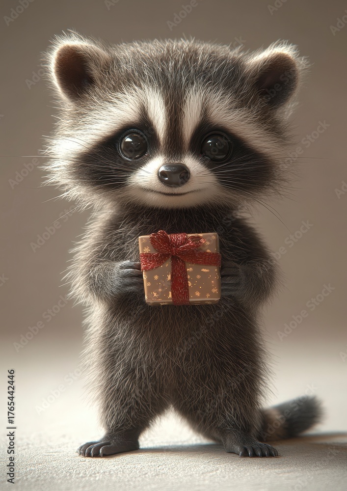 Obraz premium Adorable 3D Render of a Cute Baby Raccoon Holding a Tiny Gift Box with a Charming Expression