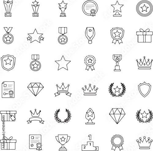 Set of 36 Reward and Achievement Icons , Flat Vector Badges, Medals, Trophies, and Prize Symbols