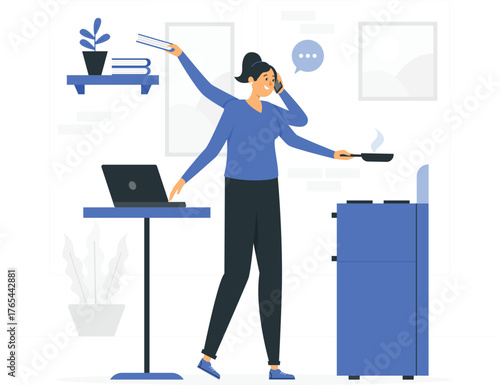 Multitasking woman on phone cooking and holding books with laptop busy phone call