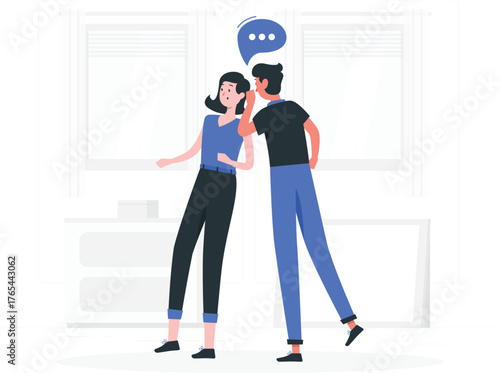Man whispering a secret to a surprised woman with speech bubble gossip