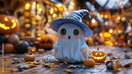 Adorable 3D Render of a Baby Ghost Wearing a Tiny Witch Hat Surrounded by Pumpkins and Autumn Decor