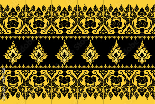 Elegant Thai art pattern in gold and black tones with circular floral ornaments and symmetrical border design for background or textile use.