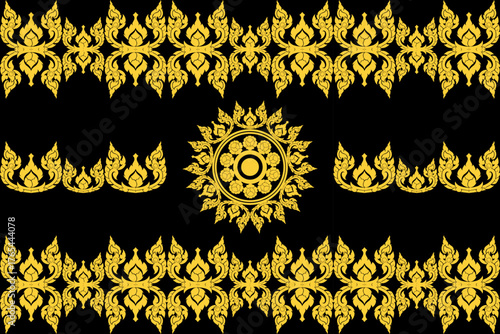 Elegant Thai art pattern in gold and black tones with circular floral ornaments and symmetrical border design for background or textile use.