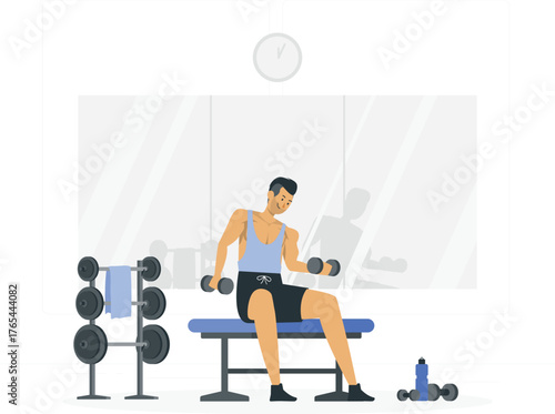Man Lifting Dumbbells While Sitting on a Bench in a Gym vector illustration