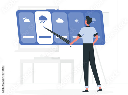 Meteorologist pointing at a weather forecast screen showing cloudy and rainy conditions display