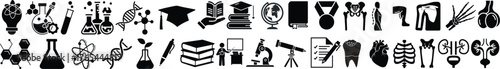  Education and Anatomy glyph icon set. Vector pictograms of body organs, bone, skeleton, spine, eye, ear, nose, mouth, lips, hand, foot, stomach, kidneys, bladder, black sign silhouette illustration. 