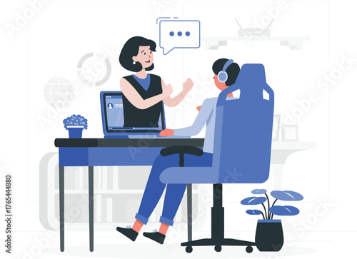 Two people in a video call discussing ideas with speech bubbles and icons conference online meeting
