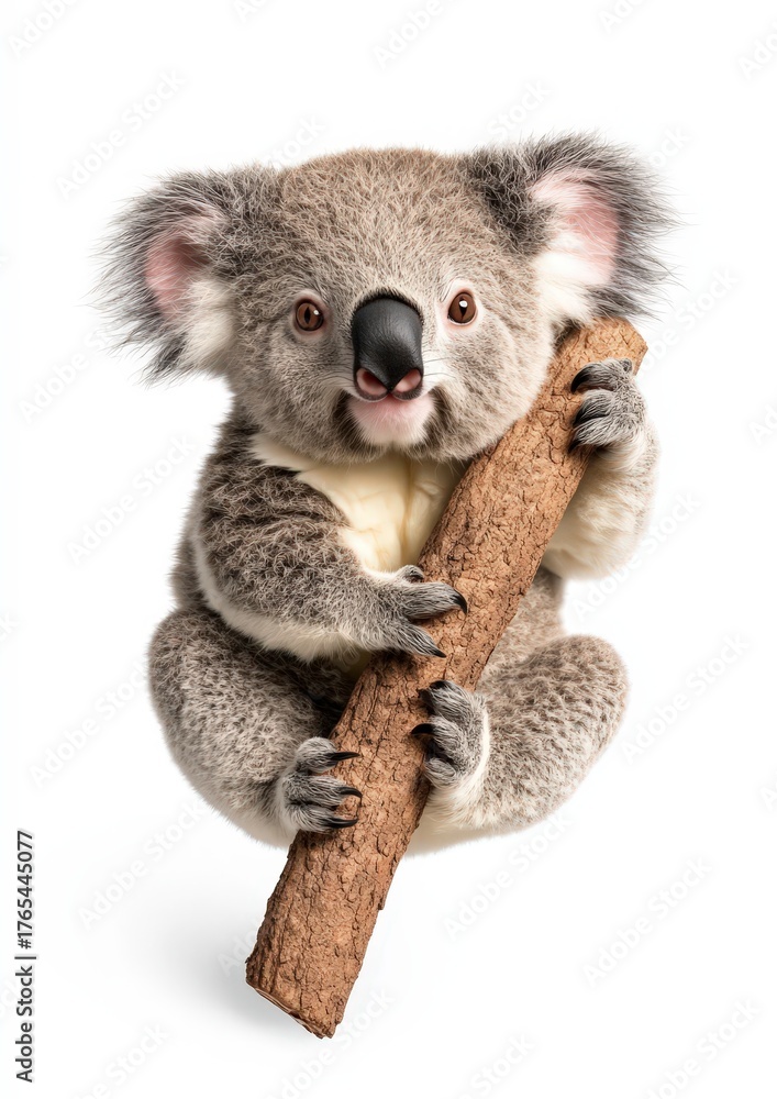Naklejka premium Playful 3D Render of a Baby Koala Swinging Joyfully from a Branch in an Adorable and Whimsical Style