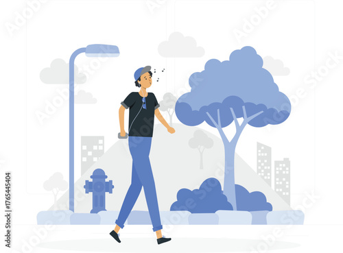 Person Walking in Park Listening to Music nature city