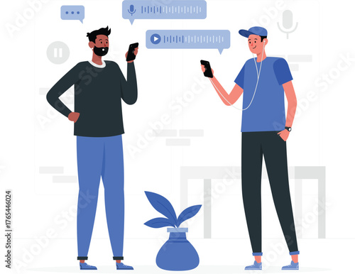 Two men with smartphones listening to audio messages and voice notes people friends