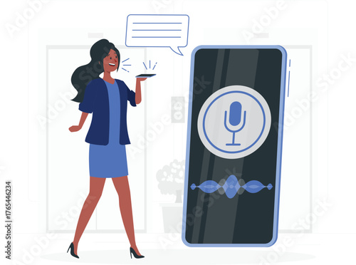 Woman speaking to smartphone with voice assistant interface displayed talking