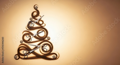 Christmas tree made of curls and strands of shiny hair and hairdresser's scissors, golden festive background with copy space. Beauty salon, barbershop, beauty parlor congratulation holiday concept