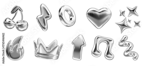 3d chrome y2k metal elements set. Silver glitter crown, cherry, music note, heart, fire, stars, lightning, arrow, spiral line and ring of steel or platinum, isolated abstract shapes