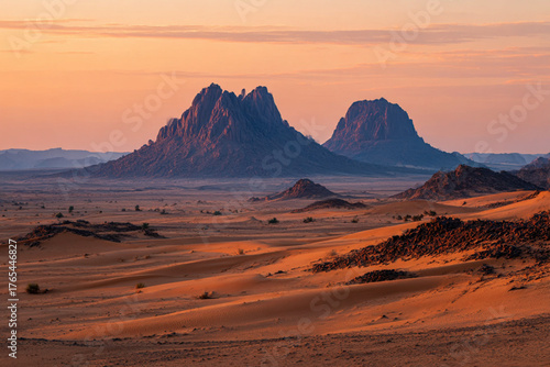 Fototapeta Naklejka Na Ścianę i Meble -  Desert landscape, sand dunes and rocky mountains sunset. Dramatic view sahara. Red Mars like landscape. beautiful rock formations. Orange red sand desert, rocky formations and mountains background.