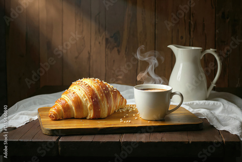 Bodegón de café con leche y croissant en una mesa de madera con un trapo encima, ambiente pictórico
