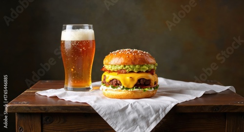 Bodegón de cerveza y hamburguesa en una mesa de madera con un trapo encima, ambiente pictórico