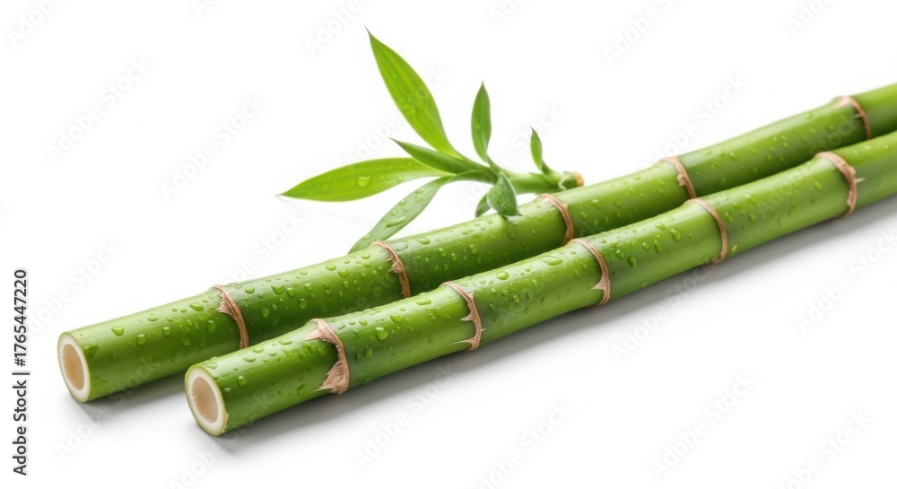 Fototapeta premium Fresh green bamboo stalks with water droplets isolated on white background