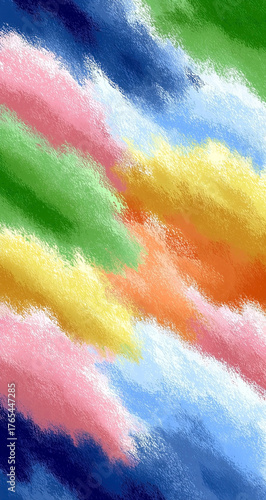 Colorful painting of a rainbow with a blue sky in the background. The painting is full of vibrant colors and has a cheerful, uplifting mood