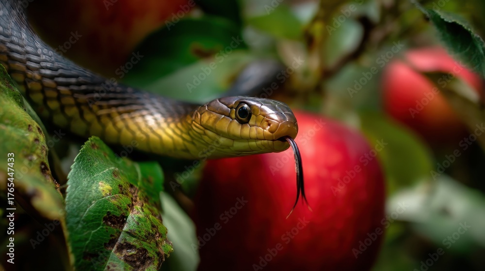 Fototapeta premium A captivating close-up shot of an olive-green snake with its tongue out, coiled around a red apple on a tree
