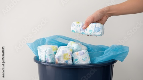 A clean and practical shot of a person's hands dropping a used baby diaper into a trash bin with a blue liner