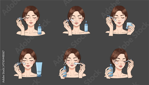 A cartoon illustration showing a woman using a facial roller in six steps.