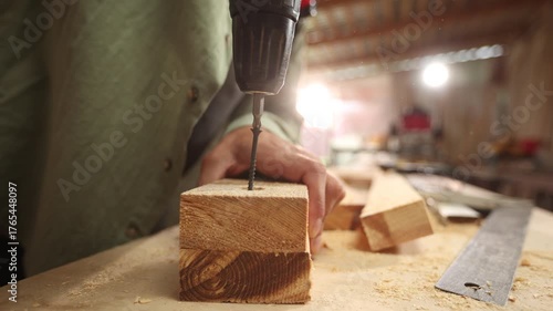 A man is using a drill to make a hole in a piece of wood