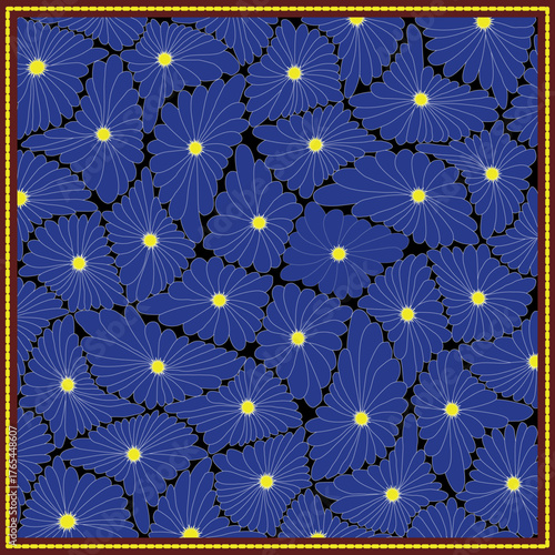 Elegant wall art featuring overlapping blue floral patterns with bright yellow centers on a dark background, framed by a red and gold border for a striking decorative effect.