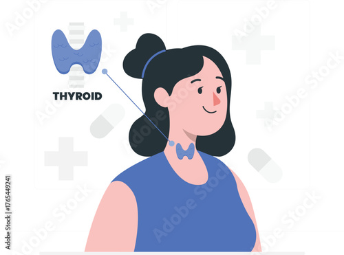 Woman with thyroid gland illustration and medical symbols Keywords: thyroid, gland, anatomy, human body, medical, healthcare, woman, female, health, endocrine system, illustration, diagram