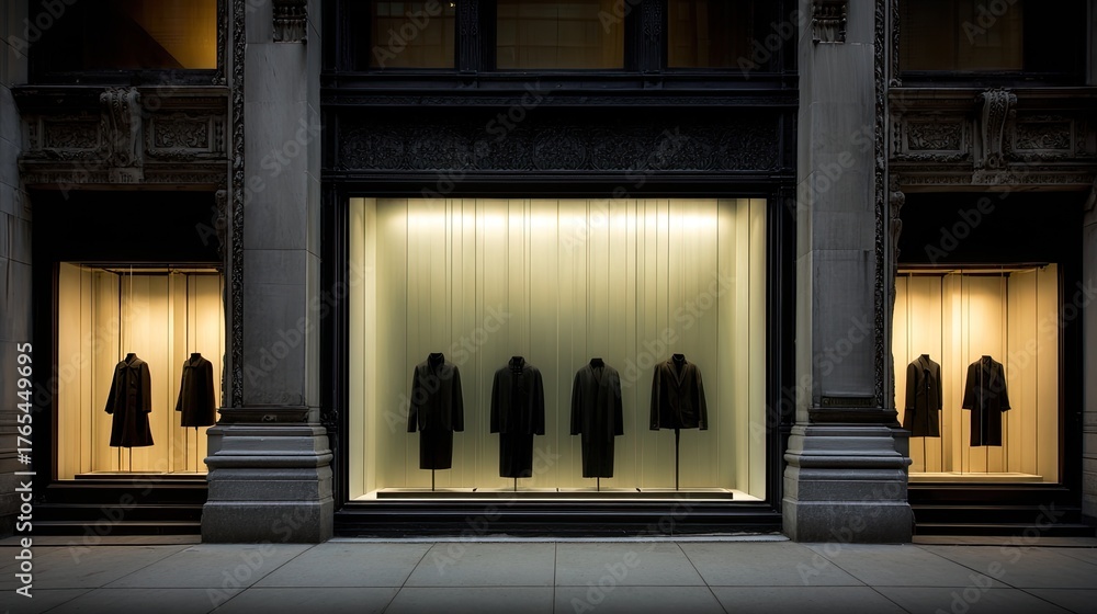 Fototapeta premium Empty storefront at night, showcasing dark coats