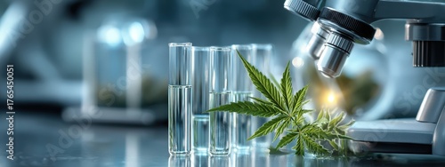 Cannabis and extracts in beakers in scientific laboratory next to microscope