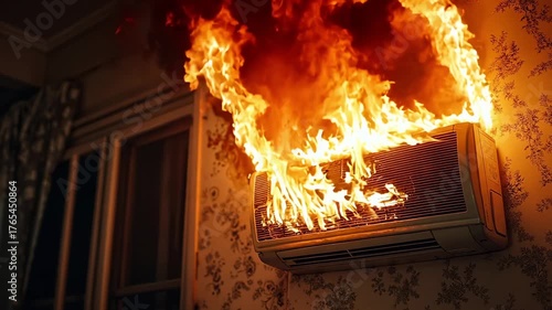 A burning air conditioner on fire in a room