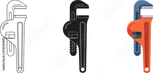Three pipe wrenches illustration in outline silhouette and colored versions