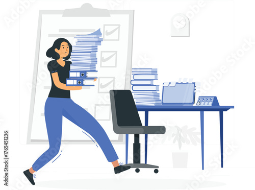 Woman overwhelmed with stacks of paperwork and binders in an office documents