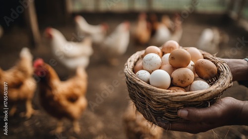 Farmer's hands holding a wicker basket of fresh, free-range eggs with chickens in the background