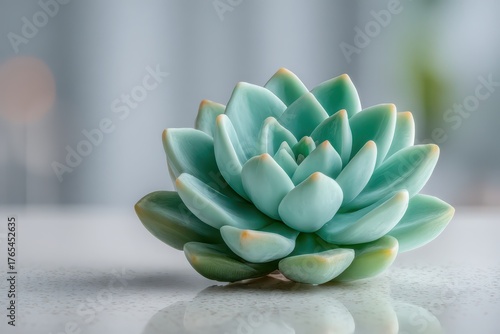 Elegant succulent plant with soft teal leaves on a reflective surface.