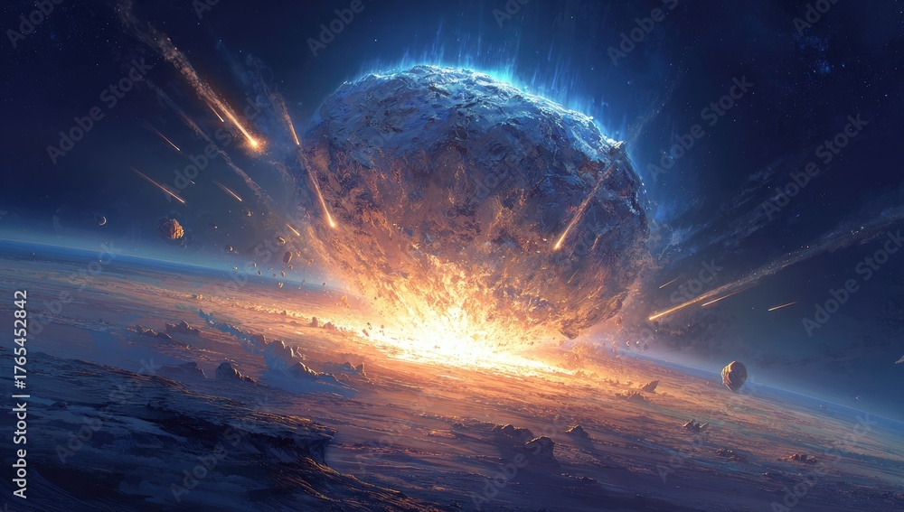 Fototapeta premium Asteroid impact on Earth, fiery and catastrophic scene