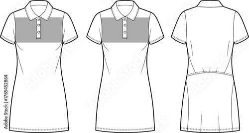 Women polo shirt dress flat sketch, short sleeve fashion design template, technical CAD drawing front and back, flat vector illustration