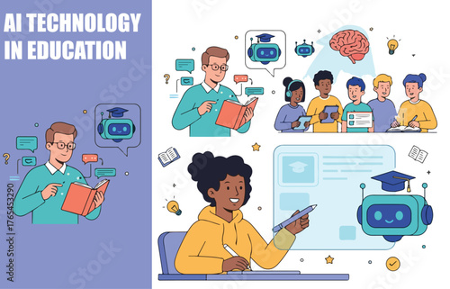 AI in Education: Robot Assistant and Teacher Using Artificial Intelligence for Lesson Planning, Exam Preparation and Learning. Vector Illustration.