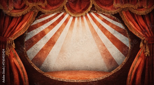Vintage circus stage backdrop.  Red velvet drapes, ornate oval, sunburst design, aged paper texture