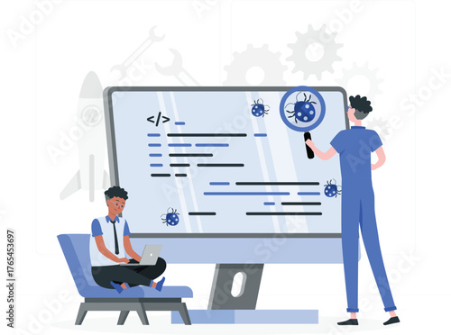 Programmers debugging code on a large computer screen with bugs and tools programming coding