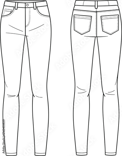 Slim fit jeans flat sketch, denim pants fashion template, front and back view, detailed apparel design, CAD drawing flat vector illustration